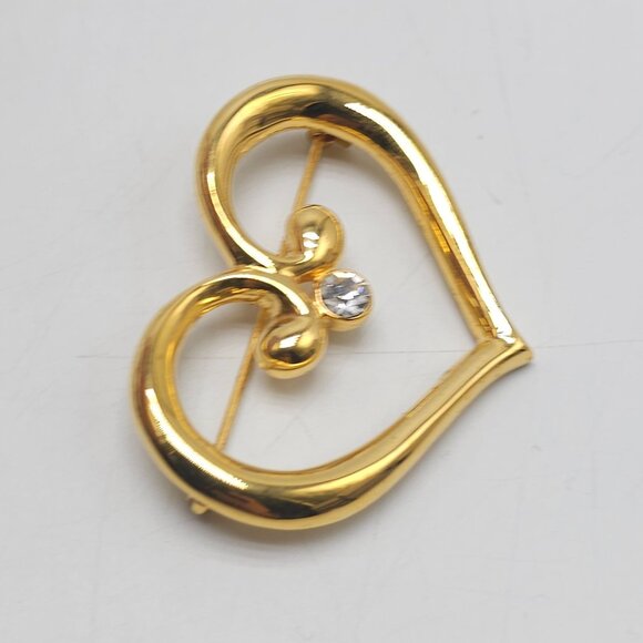 AAI Vintage 1990s Gold Tone Open Heart Brooch Rhinestone Polished Finish Pin - Picture 2 of 5